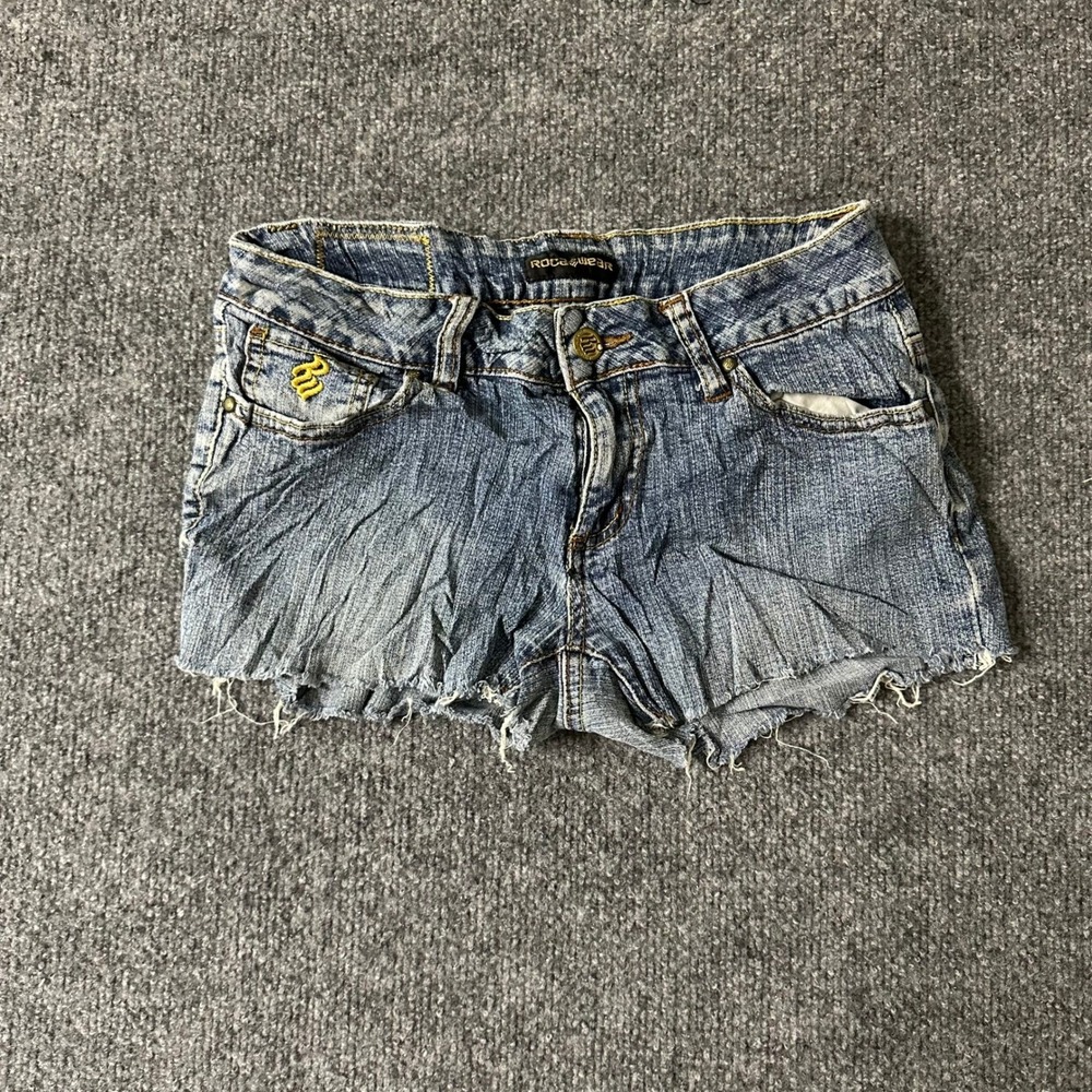 Rocawear Denim Shorts Womens Size 3 Blue Embroidered Gold Logo Y2K Raw Hem